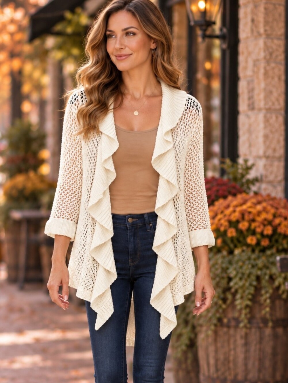 Karen Hart Ivory Crochet Waterfall Cardigan Ruffle Open Knit Boho Sweater